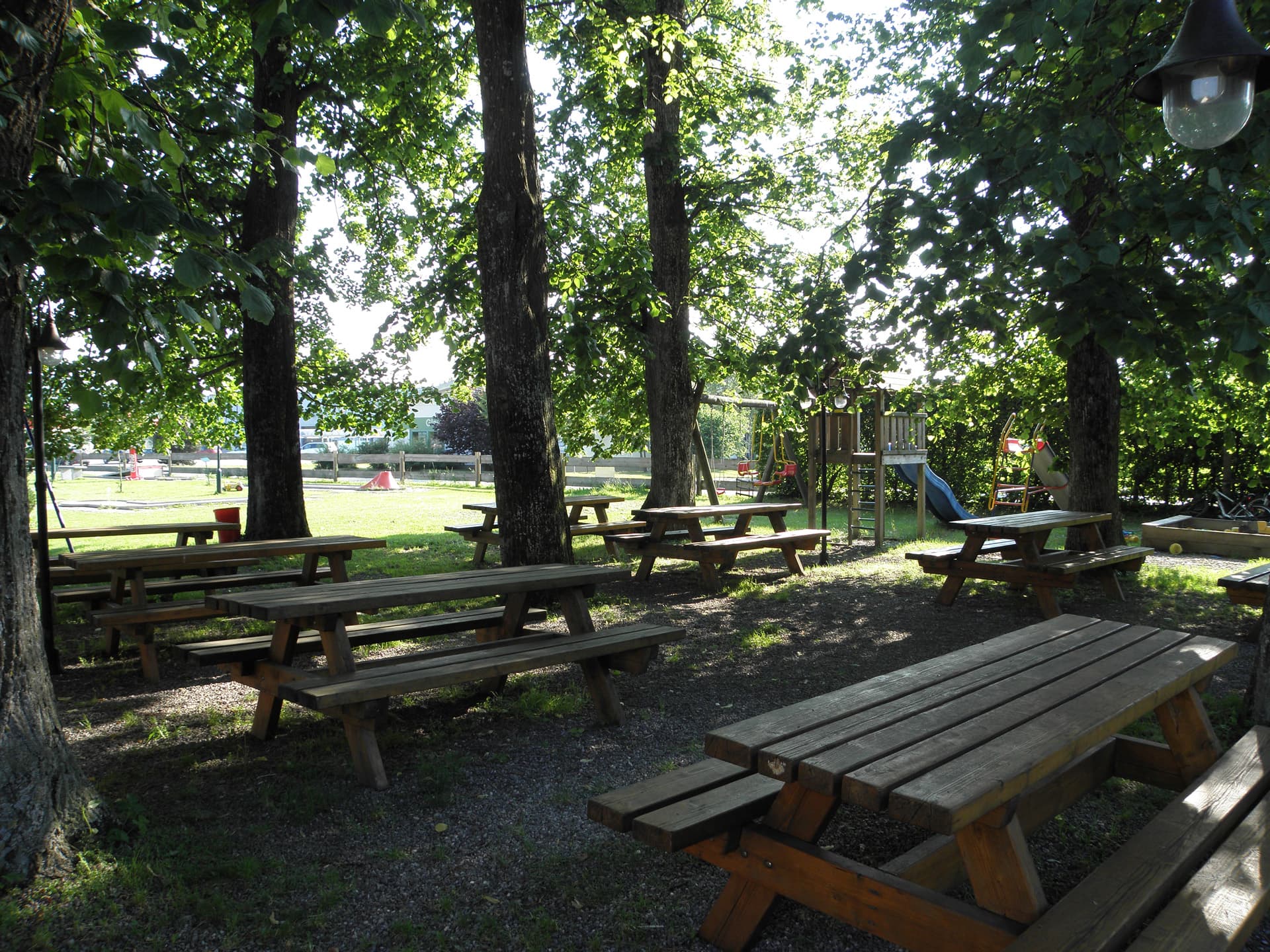 Biergarten mit Bänken unter großen Bäumen