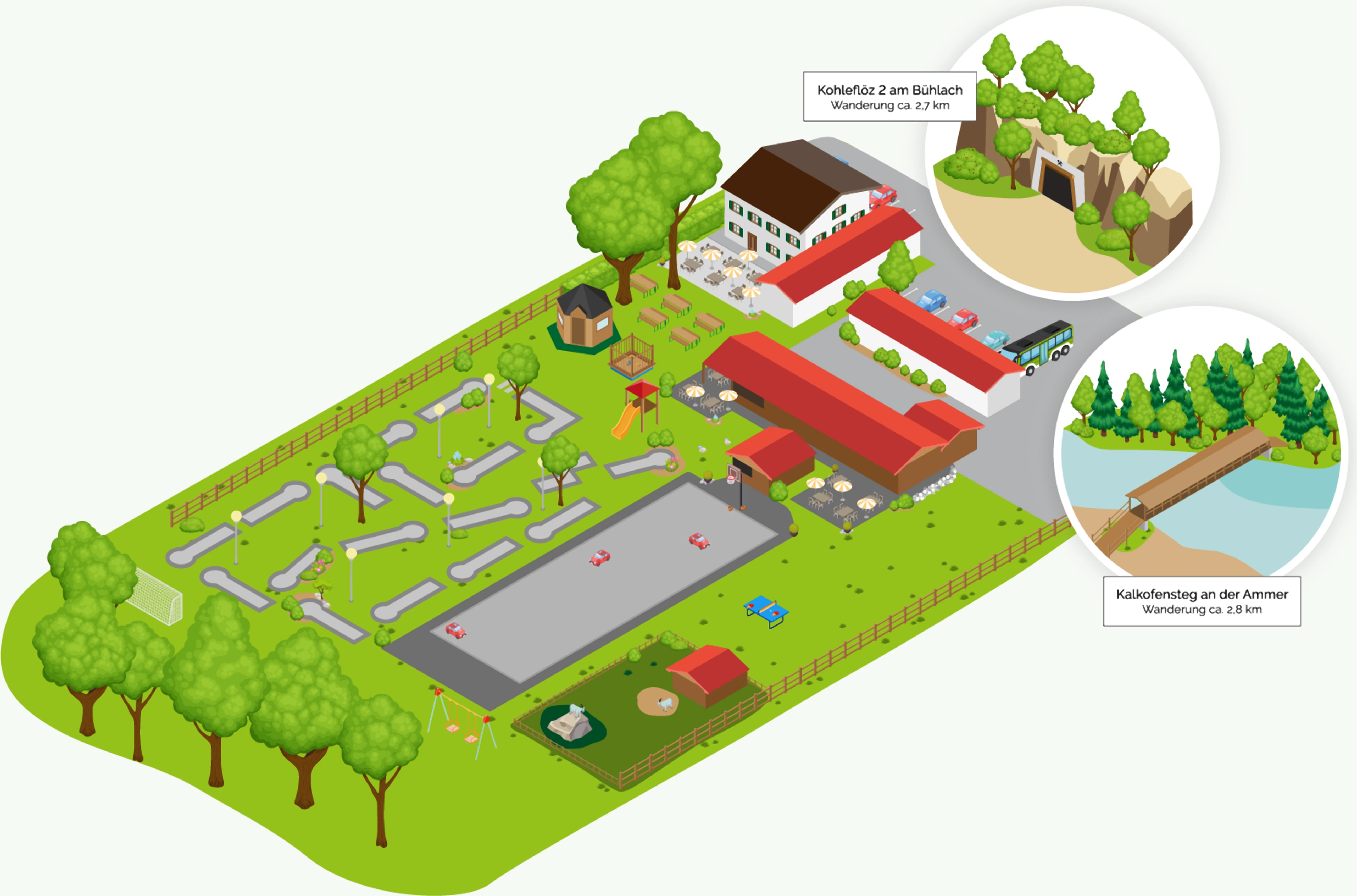 Illustrierter Lageplan der Zechenschenke mit Minigolf, Spielplatz, Biergarten und Ausflugszielen